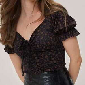 Nasty Gal Ruched Floral Print Puff Sleeve Bodysuit